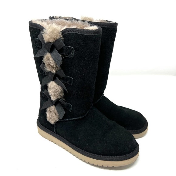 Koolaburra by Ugg Black Bow Sheep Skin Leather Mid Shaft Boots - Picture 4 of 10